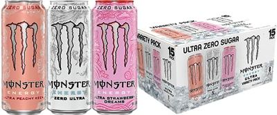 Monster Energy Ultra Variety Pack, Zero Ultra, Ultra Peachy Keen, Ultra Strawberry Dreams, Sugar Free Energy Drink, 16 Ounce (Pack of 15)