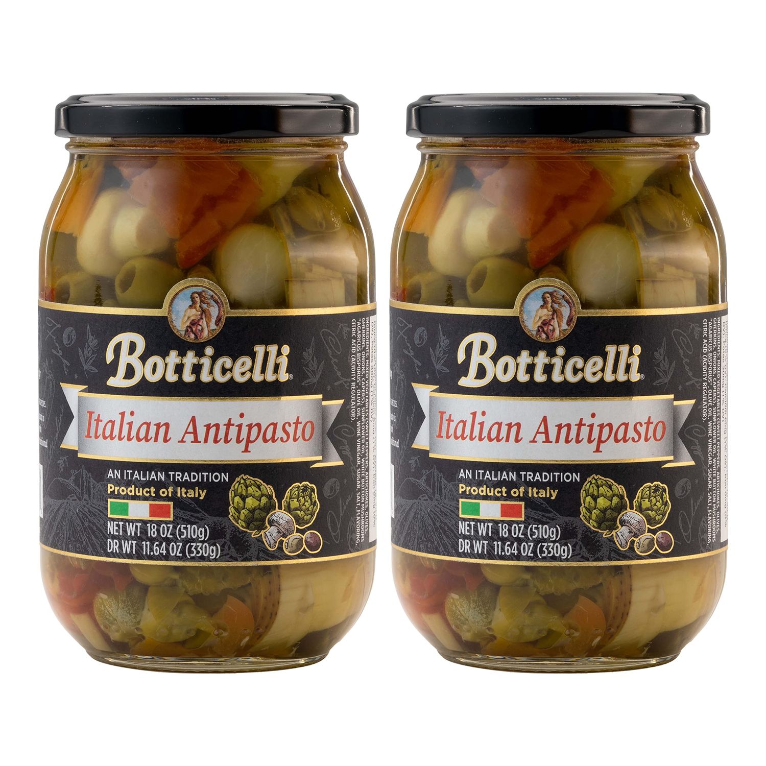 Botticelli Premium Italian Antipasto in a Jar - Authentic Italian Antipasto with Artichoke, Olives &amp; Mushroom - For Antipasto Appetizer, Antipasto Salad &amp; Antipasto Plates - (18oz) (2)