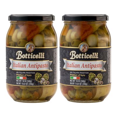 Botticelli Premium Italian Antipasto in a Jar - Authentic Italian Antipasto with Artichoke, Olives &amp; Mushroom - For Antipasto Appetizer, Antipasto Salad &amp; Antipasto Plates - (18oz) (2)