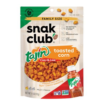Snak Club Tajin Toasted Corn, Roasted Corn Nuggets with Chili and Lime Seasoning, Mild, Non-GMO, Gluten-Free, Kosher Snack, No Artificial Colors or Flavors, Low Cholesterol, 11 oz Resealable Bag