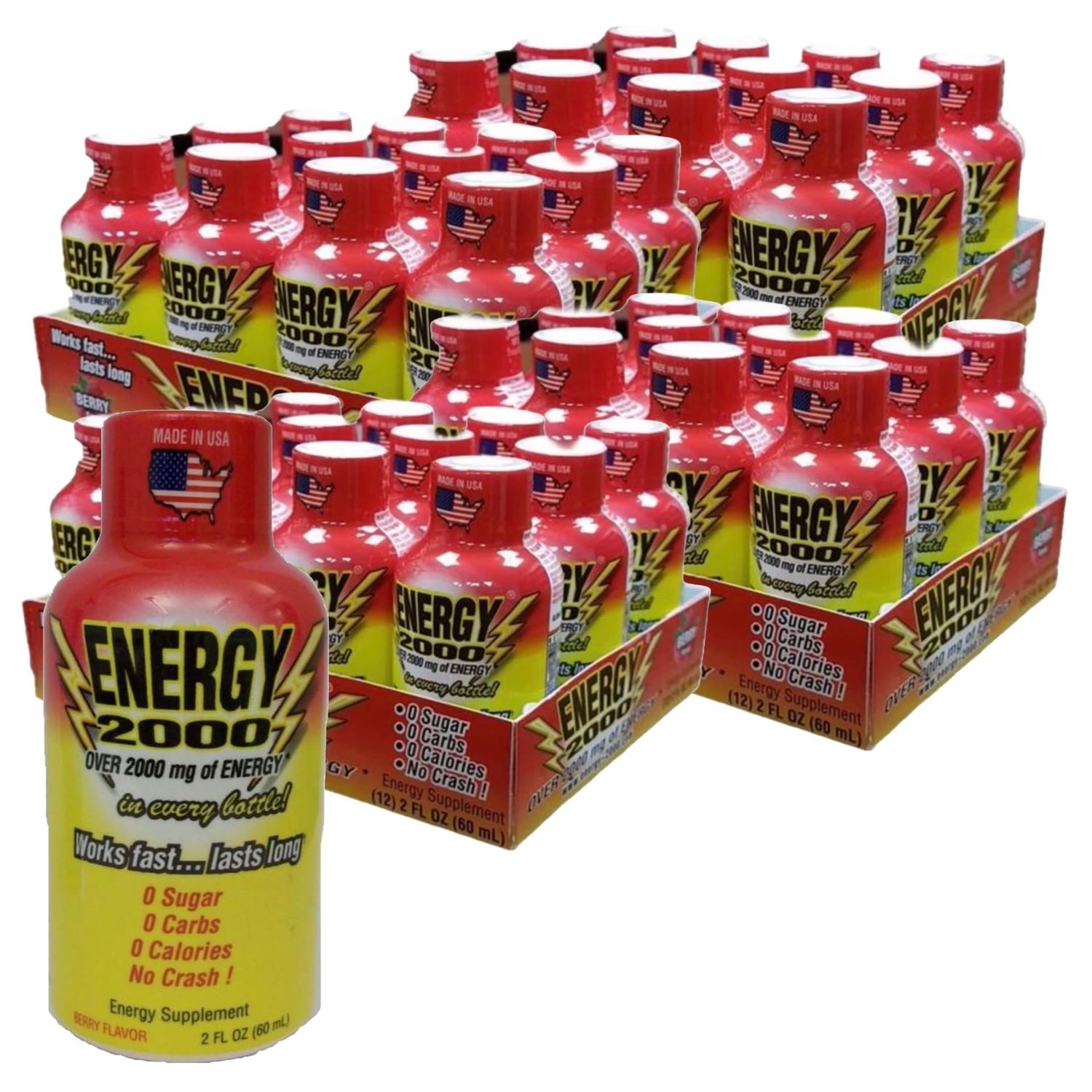 Global Brands ENERGY 2000 Energy Shot | Berry Flavor | 2 oz. | 48 Count | Sugar-Free, Zero Calories &amp; Zero Carbs | 220 mg Caffeinated Energy Shot
