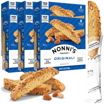 Nonni&#39;s Originali Almond Biscotti Italian Cookies - 6 Boxes Biscotti Individually Wrapped Cookies - Italian Biscotti Cookies Baked Fresh w/a Hint of Anise &amp; California Almonds - Kosher - 5.52 oz