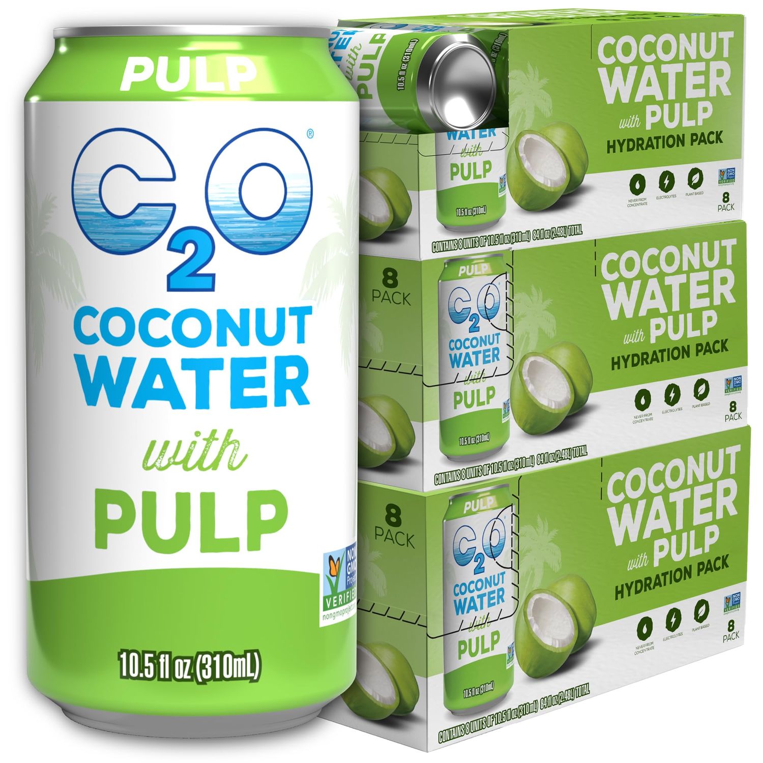 C2O - Coconut Water with Pulp (24 Pack, 3 Boxes of 8) - Made with Fresh Coconut Water - Plant Based, Non GMO Canned Water - Natural Hydration, Essential Electrolytes, &amp; Potassium - 24 Cans, 10.5 FL OZ