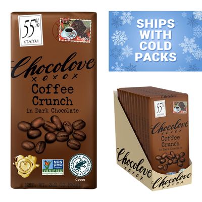Chocolove Coffee Crunch in Dark Chocolate, 55% Cocoa | Non GMO, Rainforest Alliance Certified Cacao | 3.2oz Bar | 12 Pack