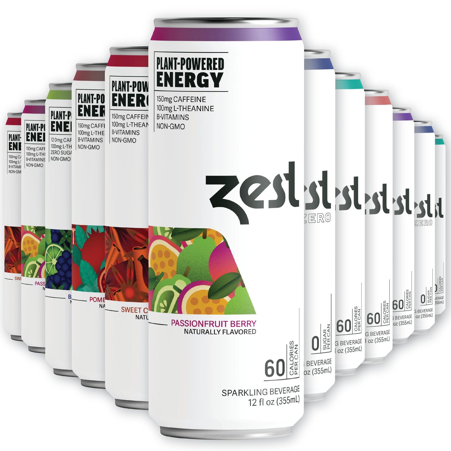 Zest Plant Powered Natural Energy Sparkling Drink - Variety-Pack - 150mg Caffeine + 100 mg L-Theanine - 12oz Can, 12 Pack - Low Sugar, 60 Calories, Healthy Coffee Substitute, Non GMO High Caff Blend