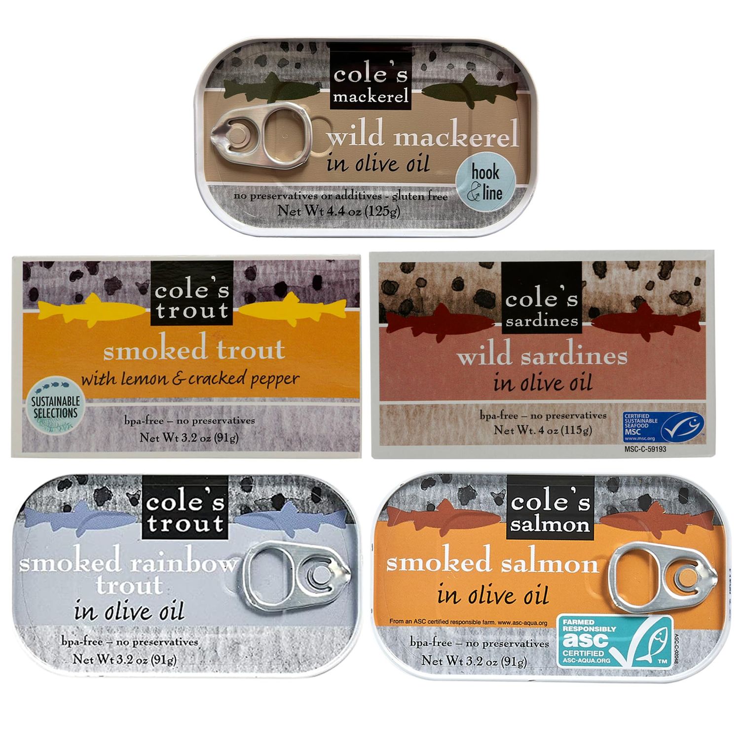 COLE&#39;S Seafood Sampler Variety Pack - Wild Mackerel Canned Fish Smoked Trout Fresh Water Smoked Rainbow Trout Smoked Salmon Wild Sardines in Olive Oil Wild Caught Skinless Boneless Low Sodium