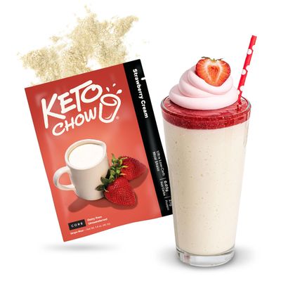 Keto Chow Strawberry Cream Core (Unsweetened) - Keto Meal Replacement Shake Powder - Nutritionally Complete - Low Carb - Delicious Easy Meal Substitute - Protein Rich, Dairy Free - Single Meal Serving