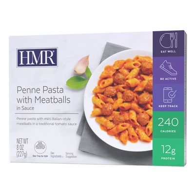 HMR Penne Pasta with Meatballs Entre | Pre-packaged Lunch or Dinner to Support Healthy Eating | Ready to Eat | 12g of Protein | Low Calorie Food | 8oz Serving per Meal | Pack of 6