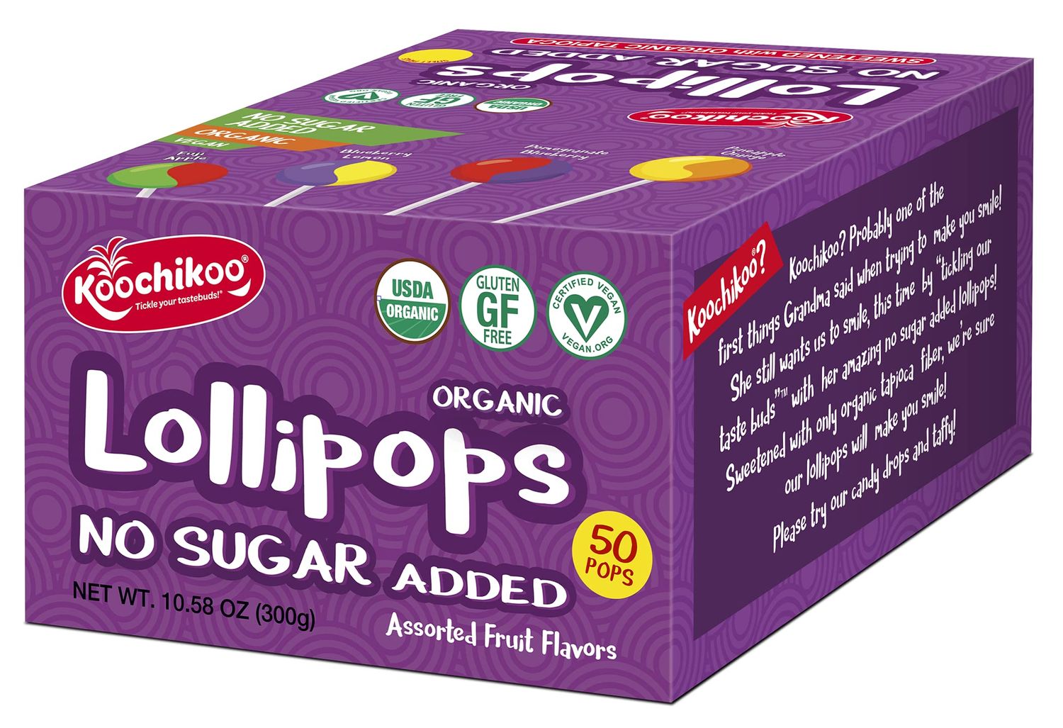 Koochikoo Organic &amp; Sugar Free Lollipops Variety Box, Assorted Fruit Flavors, No Sugar Added, Gluten Free &amp; Certified Vegan, 50 CT Lollipops/Box (Pack of 2 Boxes)