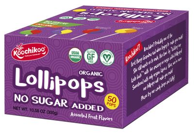 Koochikoo Organic &amp; Sugar Free Lollipops Variety Box, Assorted Fruit Flavors, No Sugar Added, Gluten Free &amp; Certified Vegan, 50 CT Lollipops/Box (Pack of 2 Boxes)