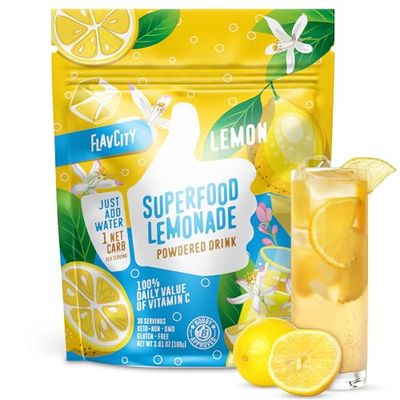 FlavCity Superfood Lemonade Powdered Drink, 30 Servings - Sugar-Free Lemonade Powder Drink Mix - Keto, Vegan, Gluten-Free &amp; Non-GMO