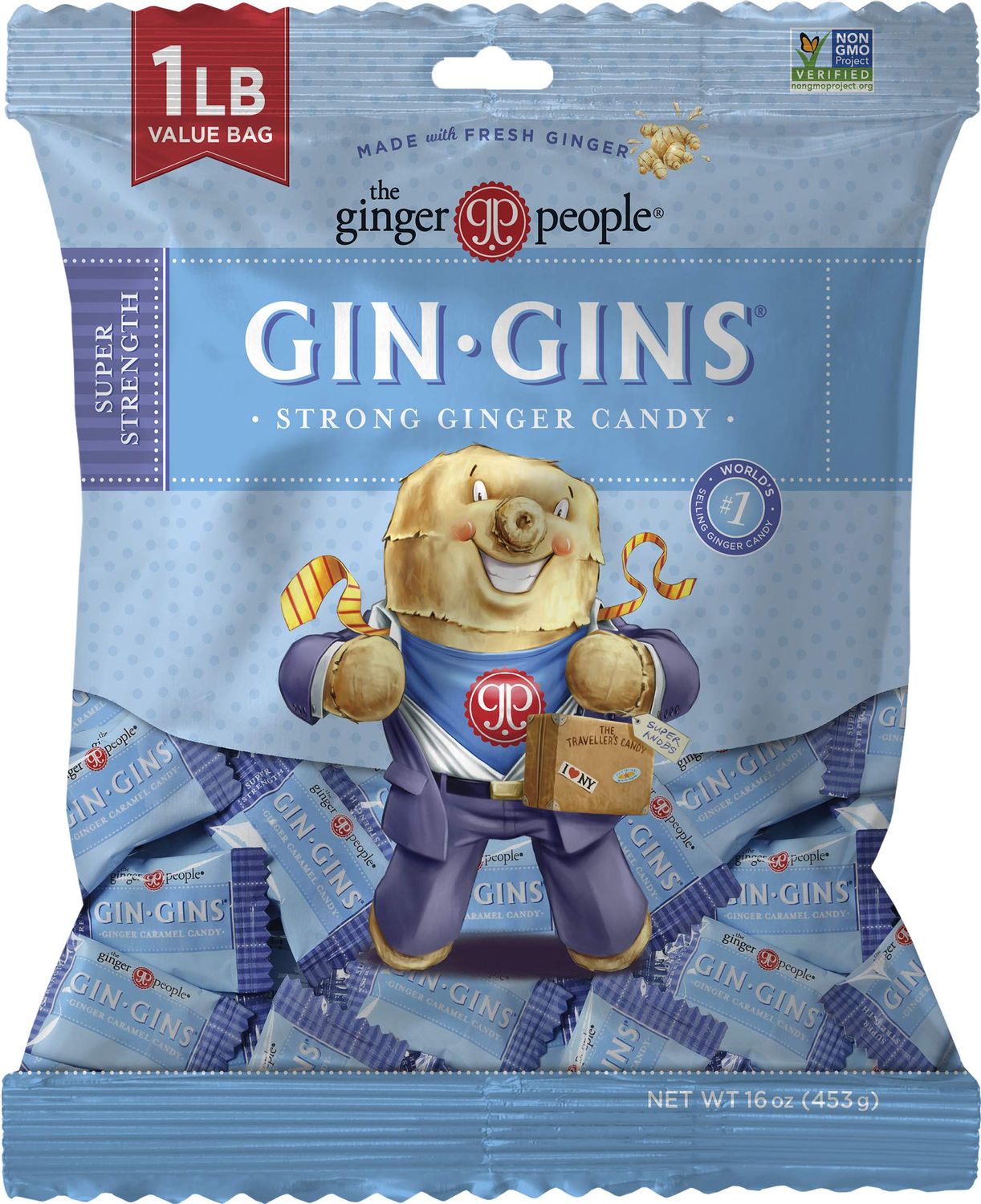 GIN GINS Super Strength - Natural Ginger Candy by The Ginger People - Individually Wrapped Healthy Candy - Super Strength Flavor - Large 1 lb Bag (16oz) - Pack of 1