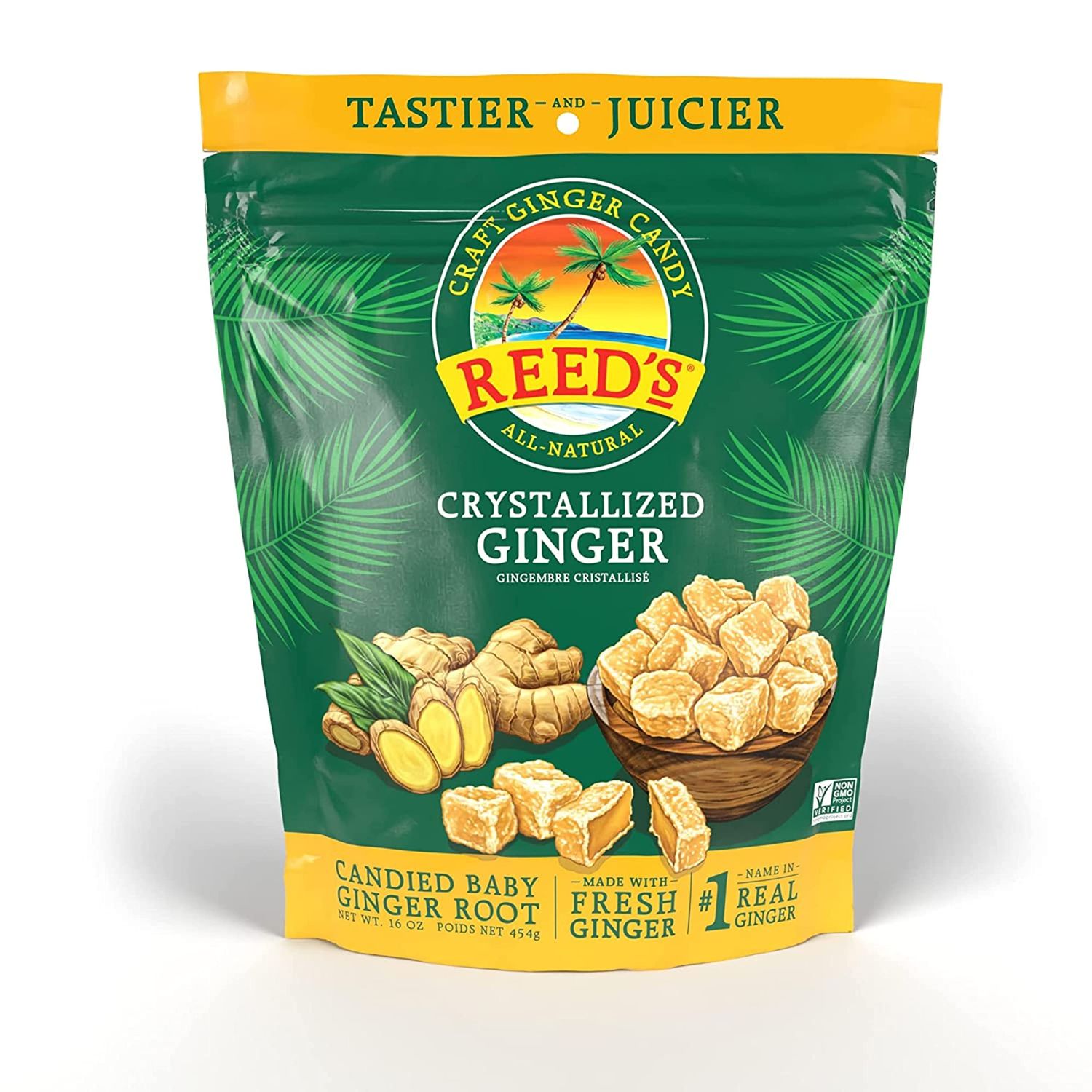 Reed&#39;s All Natural Crystallized Ginger Nuggets In A 16 oz Resealable Bag - Baby Ginger Root Fruit Slices Sweetened With Raw Cane Sugar Crystals - High Energy Ginger Candies For Snacking - 12 Pack