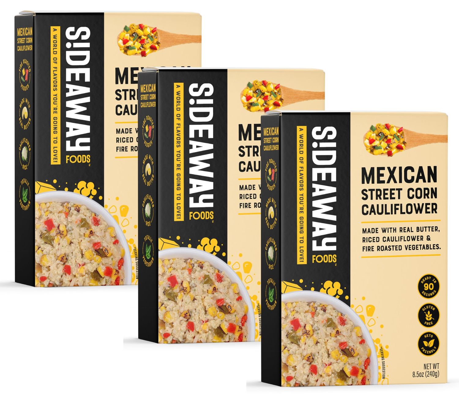 Sideaway Foods All Natural Cauliflower with Mexican Street Corn Blend, 8.5oz (Pack of 3), Gluten Free, Convenient, Shelf Stable Food, Heat &amp; Eat, Rice Alternative, Keto Friendly