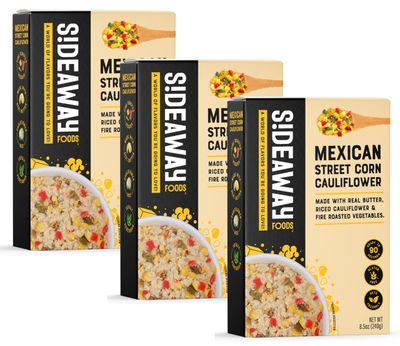 Sideaway Foods All Natural Cauliflower with Mexican Street Corn Blend, 8.5oz (Pack of 3), Gluten Free, Convenient, Shelf Stable Food, Heat &amp; Eat, Rice Alternative, Keto Friendly