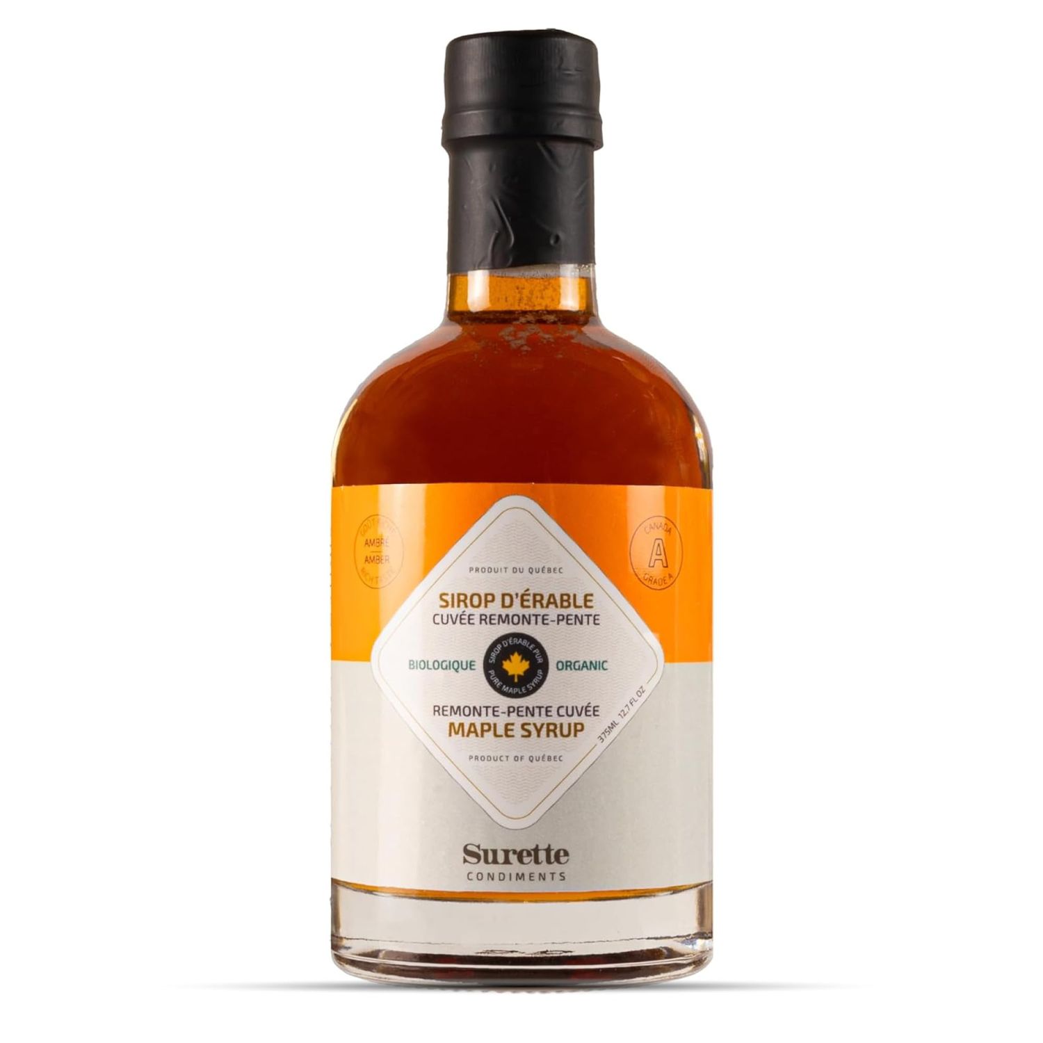 Surette Condiments Organic Maple Syrup 12.7 Fl Oz (375mL), Pure Amber Maple Syrup, Canadian Grade A, Gluten Free, Vegan, Kosher, Halal, Made in Canada (1)