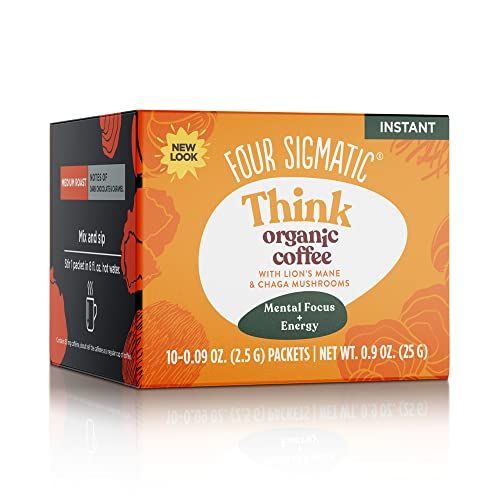 Four Sigmatic Think Organic Mushroom Coffee | Arabica Instant Coffee Singles with Lion&#39;s Mane, Chaga and Rhodiola | Mushroom Coffee Instant Mix for Better Focus and Immune Support | 10 Packets