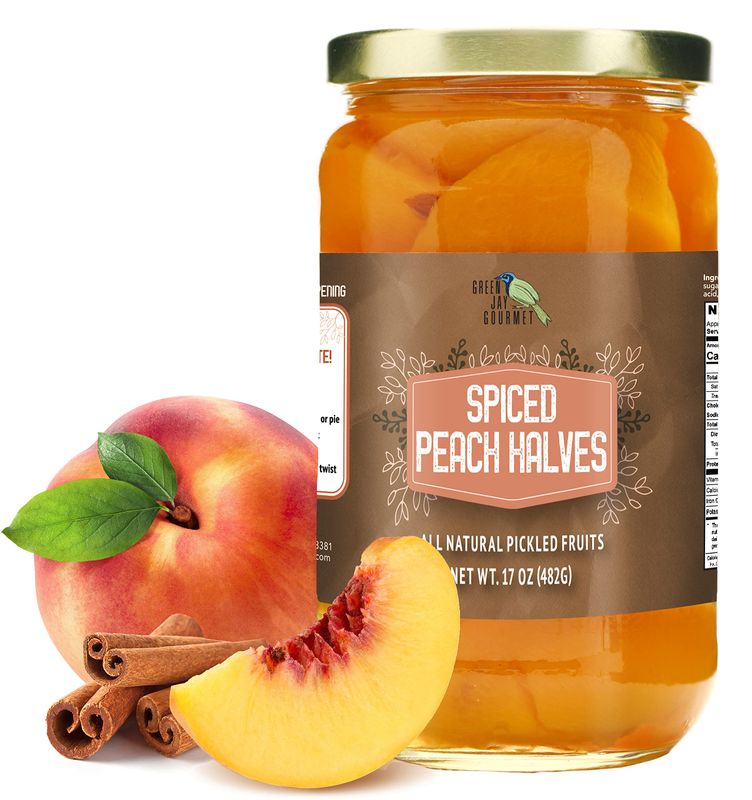 Green Jay Gourmet Spiced Peaches in a Pint Jar - Fresh Hand Jarred Fruit for Cooking &amp; Pantry - Home Grown Pre-Prepared Pickled Peaches With Cinnamon Oil - Simple Natural Ingredients - 17 Ounce