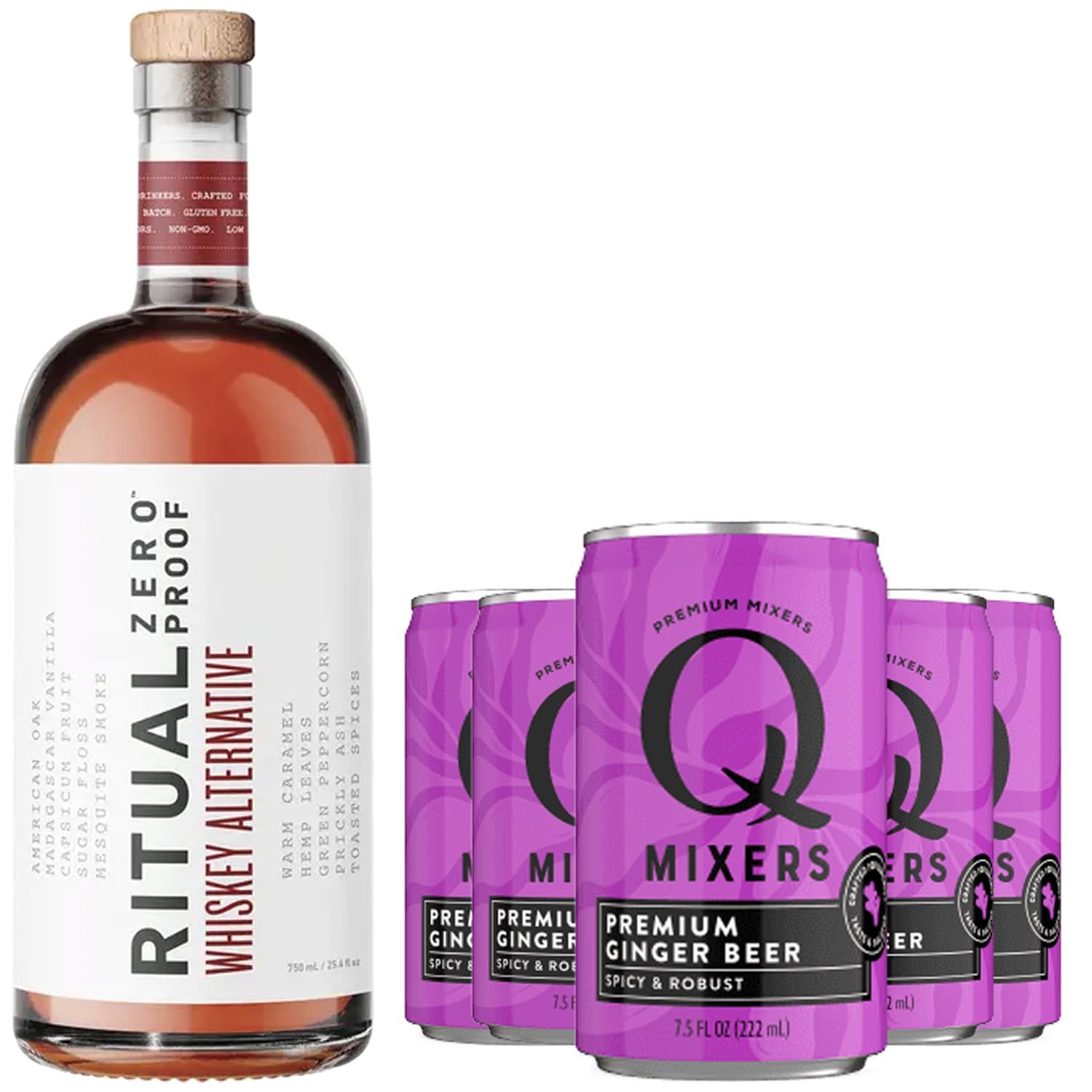 Ritual Zero Non-Alcoholic Whiskey Alternative with 5 Pack of Q Mixers Ginger Beer for your favorite Alcohol-Free Mixed Drink