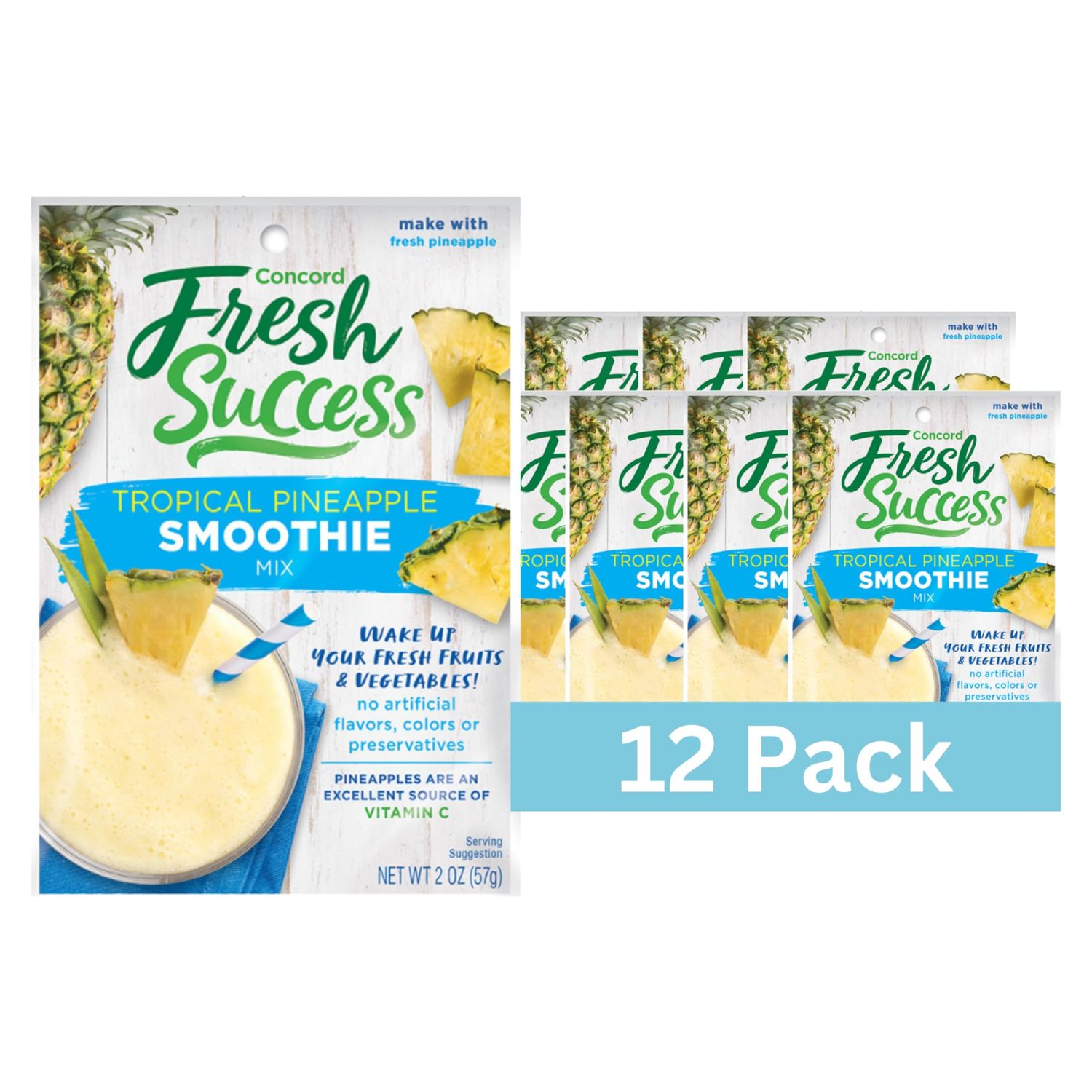 Concord Foods Tropical Pineapple Smoothie Mix - Fruit Flavor with No Artificial Flavors, Colors, or Preservatives - Ideal Fresh Fruit Smoothies - 2 oz Pouch for Healthy Smoothies (Pack of 12)