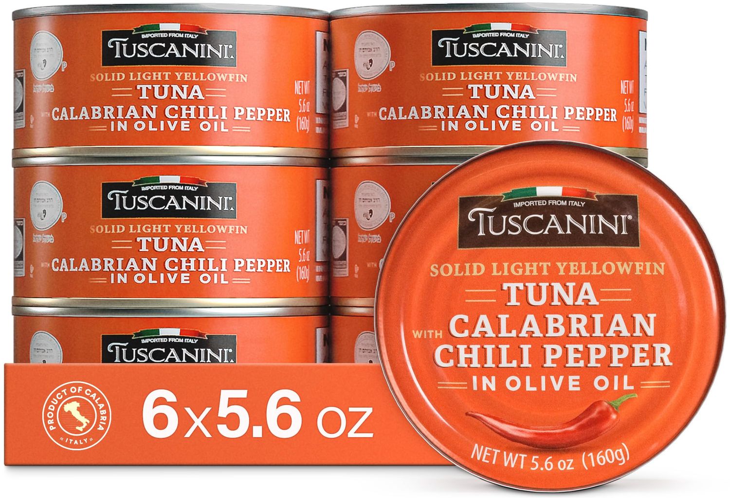 Tuscanini Italian Solid Light Yellowfin Tuna in Olive Oil with Calabrian Chili Peppers, 5.6oz (6 Pack) | Gluten Free, Soy Free, Mineral Enriched, Kosher for Passover, Product of Italy