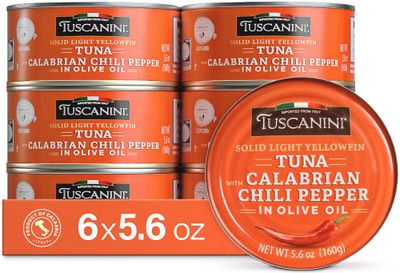 Tuscanini Italian Solid Light Yellowfin Tuna in Olive Oil with Calabrian Chili Peppers, 5.6oz (6 Pack) | Gluten Free, Soy Free, Mineral Enriched, Kosher for Passover, Product of Italy