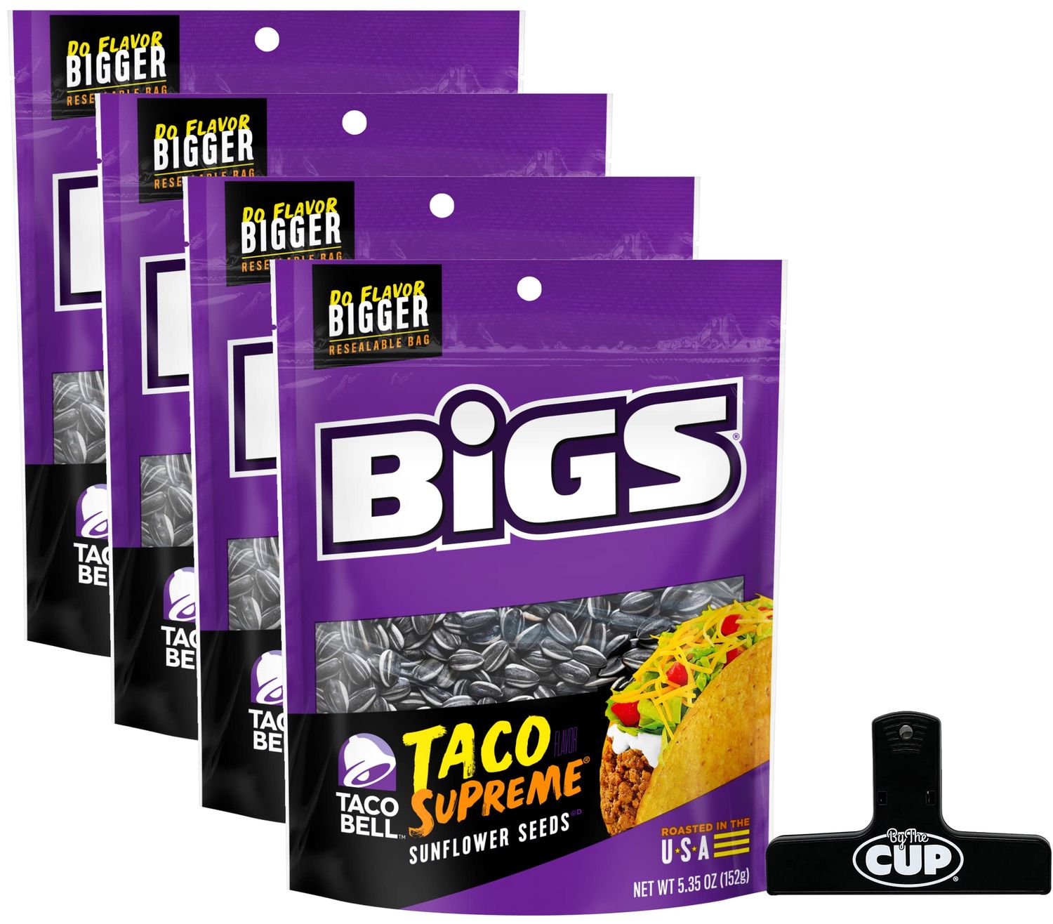 Taco Bell Taco Supreme Sunflower Seeds by BIGS, 5.35 Ounce (Pack of 4) with By The Cup Bag Clip
