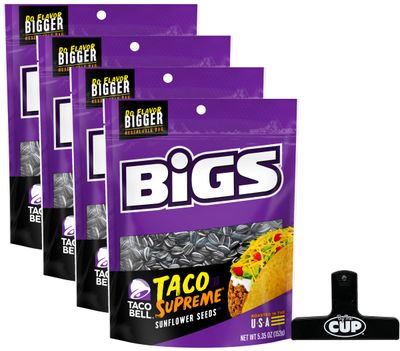 Taco Bell Taco Supreme Sunflower Seeds by BIGS, 5.35 Ounce (Pack of 4) with By The Cup Bag Clip