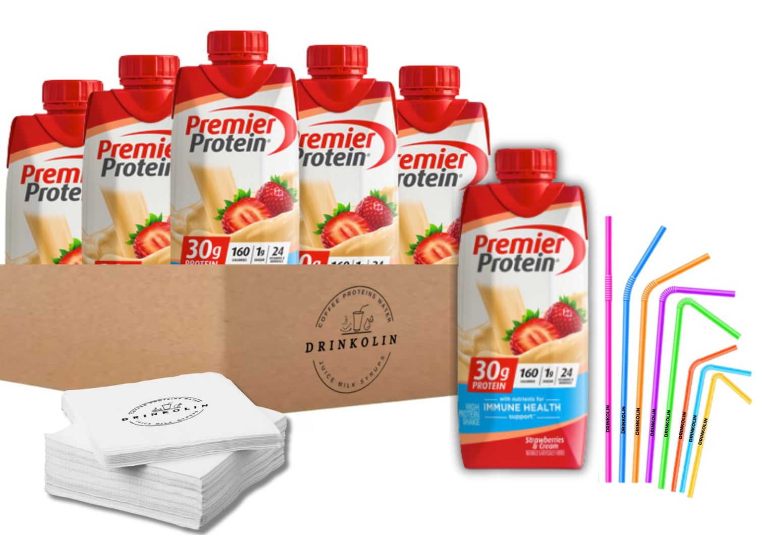 DRINKOLIN Premier Protein 30g High Protein Shake, Strawberry Flavor 1g Sugar, 24 Vitamins &amp; Minerals, Nutrients to Support Immune Health 11 Fl Oz (Pack of 6).