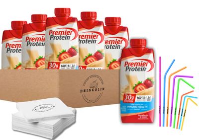 DRINKOLIN Premier Protein 30g High Protein Shake, Strawberry Flavor 1g Sugar, 24 Vitamins &amp; Minerals, Nutrients to Support Immune Health 11 Fl Oz (Pack of 6).