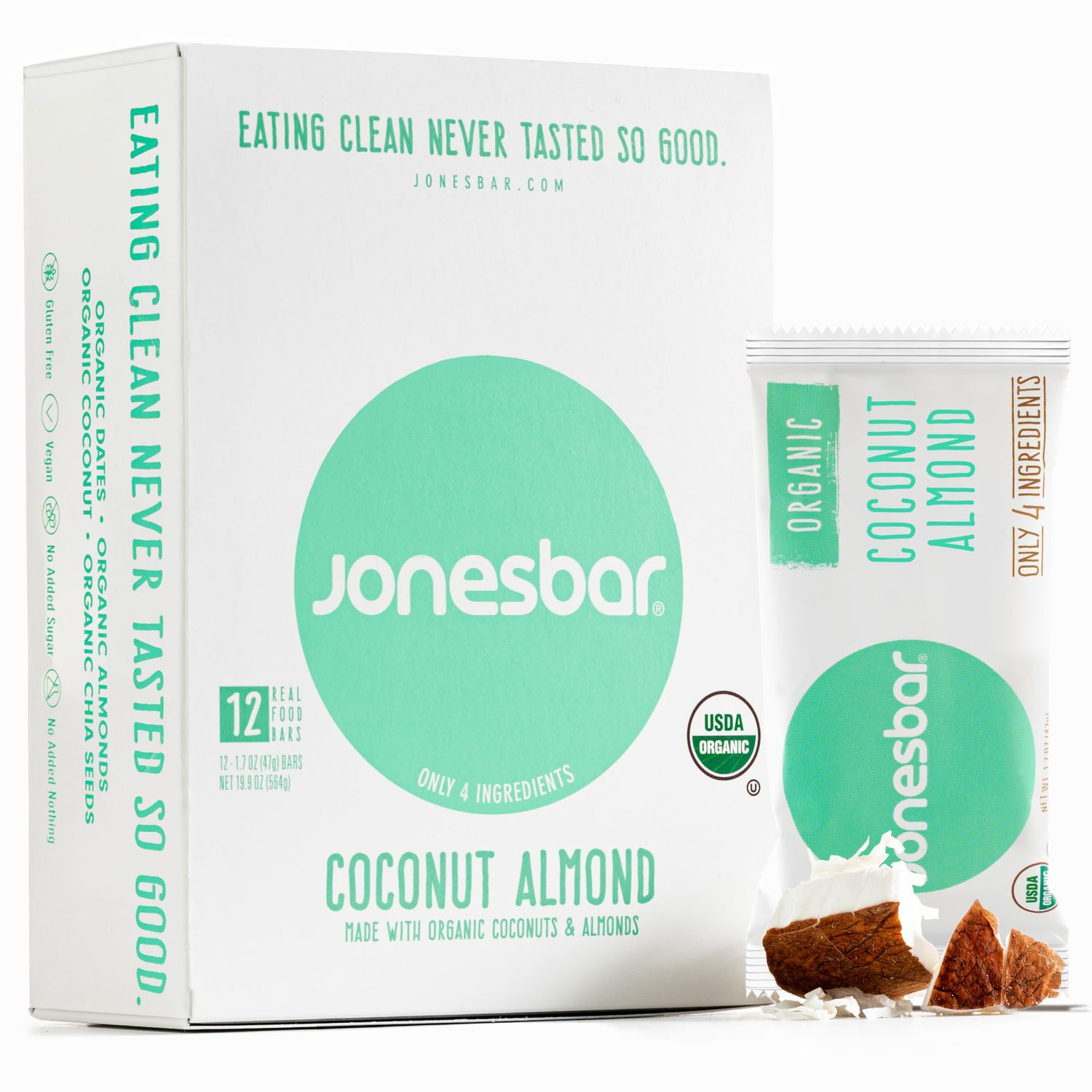 JONESBAR (Coconut Almond, 12 Count (Pack of 1)) USDA Organic Fruit &amp; Nut Bar, Non-GMO, Kosher, Vegan, Gluten Free, Simple Snack Bar