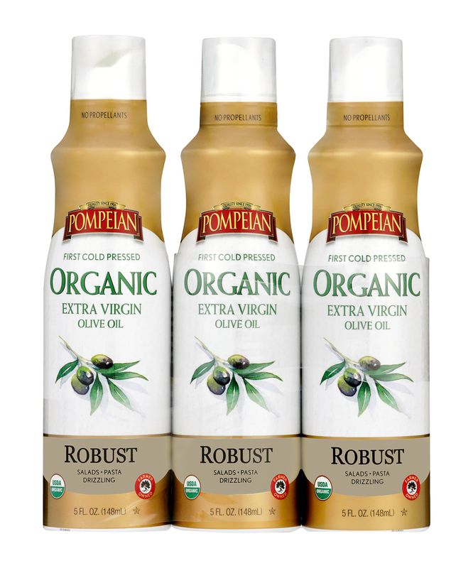 Pompeian USDA Organic Extra Virgin Olive Oil Non-Stick Cooking Spray, Full-Bodied, Perfect for Salads &amp; Pasta, Naturally Gluten Free, Non-Allergenic, Non-GMO, No Propellant, 5 FL. OZ., 3-Pack