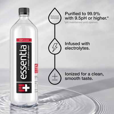 Essentia 1 Liter Bottled Water; 99.9% Pure, Infused with Electrolytes for a Smooth Taste, pH 9.5 or Higher; Ionized Alkaline Water