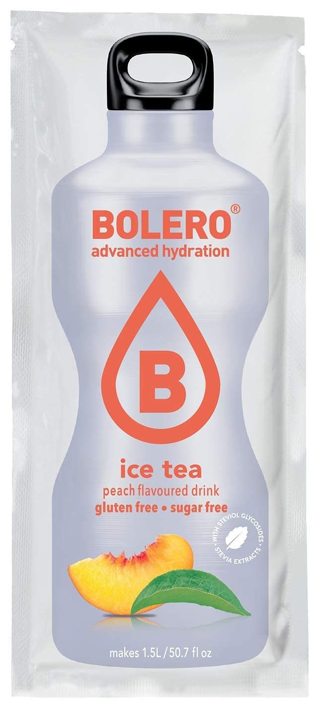 BOLERO - Iced Tea - Peach Flavored, Sugar Free and Low Calorie Powdered Drink Mix, Makes 1/2 Gallon for Strong Flavor or 1 Gallon for Mild Flavor, 12 Large Sachets - Europe&#39;s Favorite Drink Mix