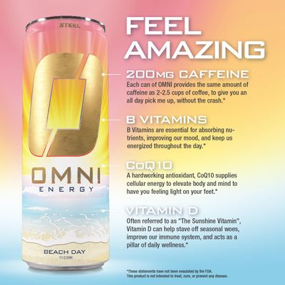 OMNI Energy Drink Beach Day 12 Oz (Pack of 12) | Contains 200mg Natural Caffeine, B Vitamins, CoQ10, Ginger Root Extract | Sugar-Free, Low Calorie, Energy Drink for All-Day Vitality