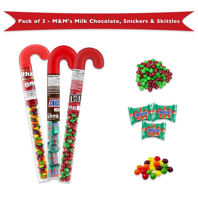 Mini Snickers Candy Cane Tube, Christmas Skittles Filled Candy Cane Tube, and Christmas M Ms Candy Cane Tube- 3 Pack, Christmas Candy Canes Filled With Candy, Candy Canes with Chocolate