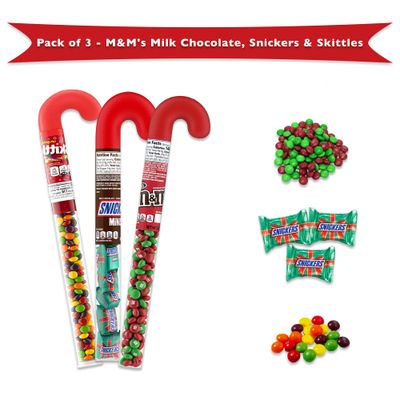 Mini Snickers Candy Cane Tube, Christmas Skittles Filled Candy Cane Tube, and Christmas M Ms Candy Cane Tube- 3 Pack, Christmas Candy Canes Filled With Candy, Candy Canes with Chocolate