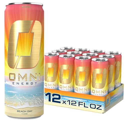 OMNI Energy Drink Beach Day 12 Oz (Pack of 12) | Contains 200mg Natural Caffeine, B Vitamins, CoQ10, Ginger Root Extract | Sugar-Free, Low Calorie, Energy Drink for All-Day Vitality