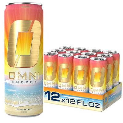 OMNI Energy Drink Beach Day 12 Oz (Pack of 12) | Contains 200mg Natural Caffeine, B Vitamins, CoQ10, Ginger Root Extract | Sugar-Free, Low Calorie, Energy Drink for All-Day Vitality
