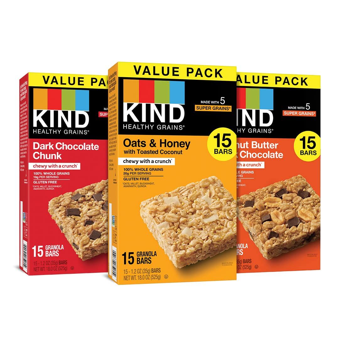 KIND Healthy Grains Bars, Variety Pack, Dark Chocolate Chunk, Oats &amp; Honey, Peanut Butter Snacks, Gluten Free, 45 Count