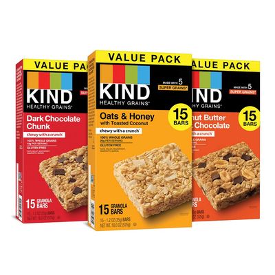 KIND Healthy Grains Bars, Variety Pack, Dark Chocolate Chunk, Oats &amp; Honey, Peanut Butter Snacks, Gluten Free, 45 Count