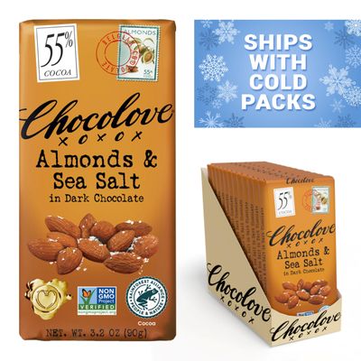 Chocolove Almonds &amp; Sea Salt Dark Chocolate Bars | 55% Cocoa | Crunchy Almonds with a Salty Twist | Premium Belgian Dark Chocolate | Non-GMO, Dairy &amp; Gluten-Free, 3.2 oz Bar (12 Pack)