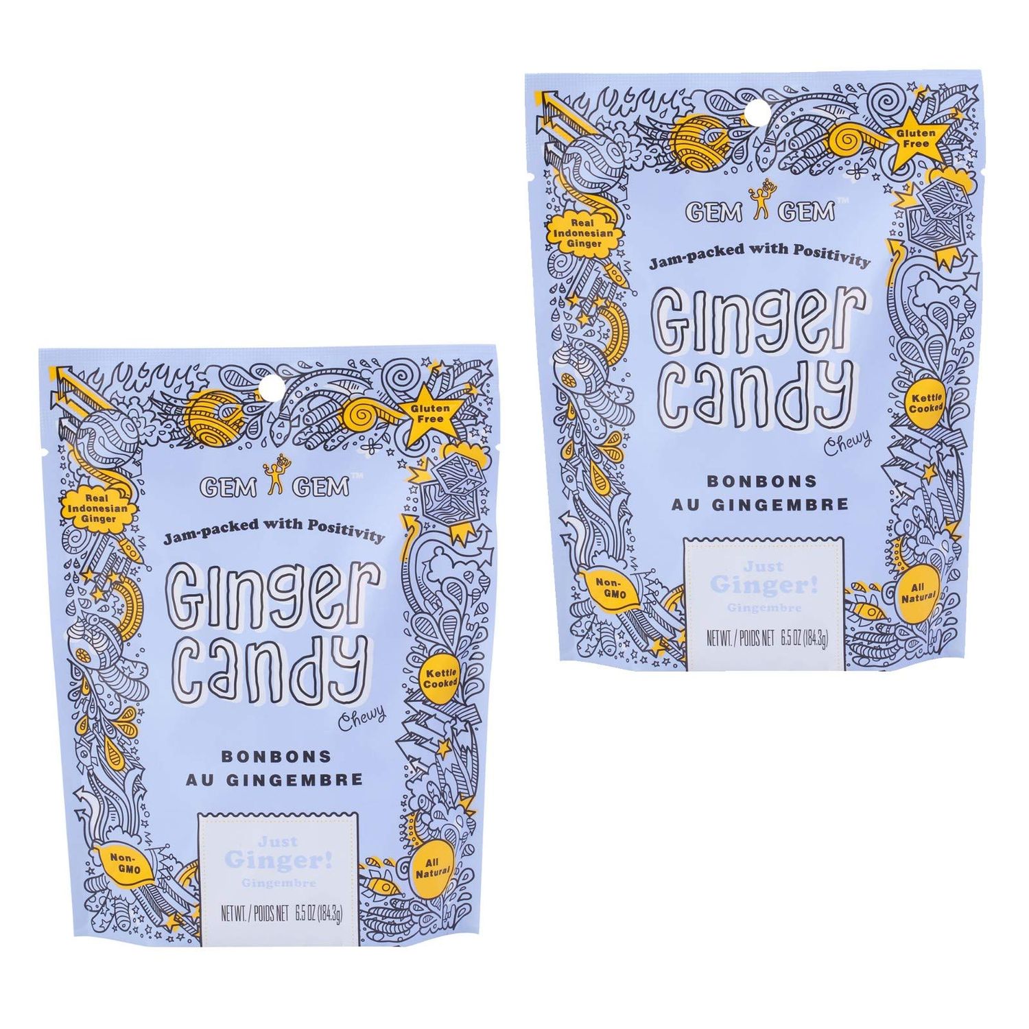 Gem Gem Ginger Candy Chewy Ginger Chews (Original, 6.5oz, Pack of 2)