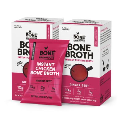 Bone Brewhouse - 2 Pack - Chicken Bone Broth Protein Powder - Ginger Beet Flavor - Keto &amp; Paleo Friendly - Instant Soup Broth - 10g Protein - Natural Collagen &amp; Gluten-Free - 10 Individual Packets