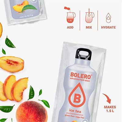 BOLERO - Iced Tea - Peach Flavored, Sugar Free and Low Calorie Powdered Drink Mix, Makes 1/2 Gallon for Strong Flavor or 1 Gallon for Mild Flavor, 12 Large Sachets - Europe's Favorite Drink Mix