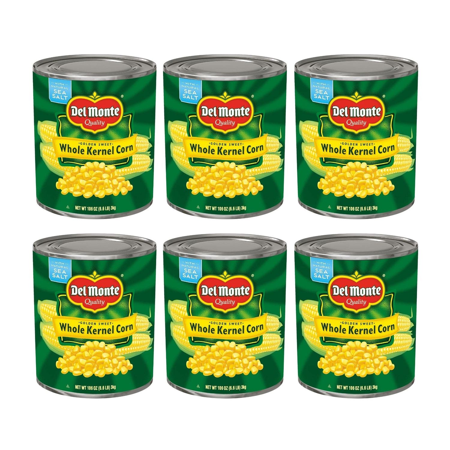 DEL MONTE Golden Sweet Whole Kernel Corn, Canned Vegetables, 6 Pack, 106 oz