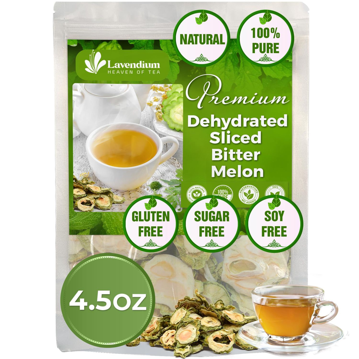 Lavendium, Premium 4.5oz Dehydrated Sliced Bitter Melon Fruits, 100% Natural &amp; Pure from Bitter Melon Fruit, Bitter Melon Herbal Tea, Dried Bitter Melon Fruit, No Additives, No Caffeine, Vegan