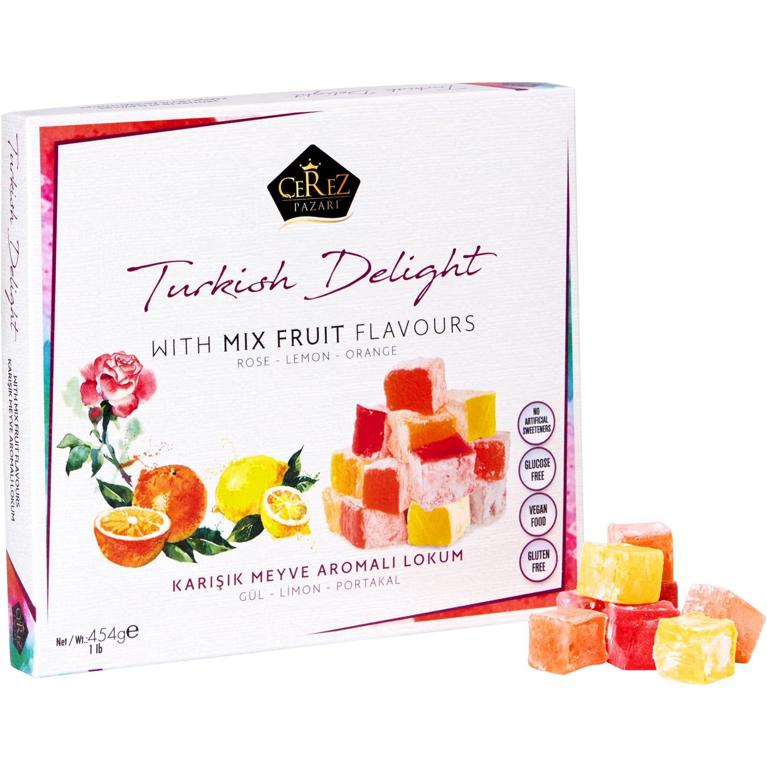 Cerez Pazari Turkish Delight with Rose, Orange and Lemon Mix Flavours 16 Oz Gourmet Medium Size Snacks Gift Box, No Nuts Sweet Traditional Confectionery Vegan Candy Dessert Lokum Loukoumi Approx.42Pcs