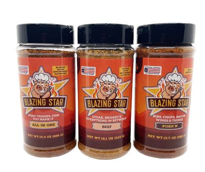Blazing Star BBQ Barbecue Bundle (All-In-One Seasoning/Beef Rub &amp; Seasoning/Pork&#39;n Rub &amp; Seasoning)