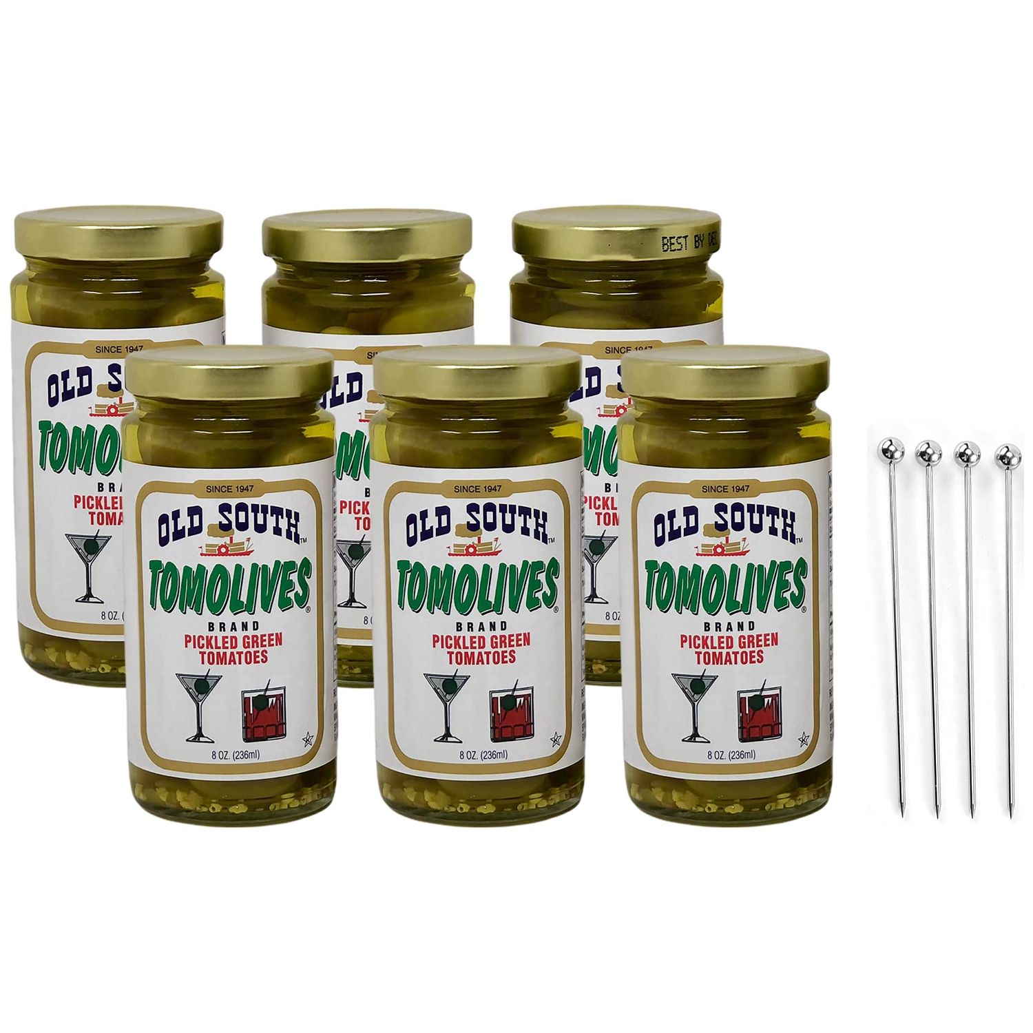 Old South Tomolives Pickled Green Tomatoes 8oz (6 Pack) Bundled with Complimentary 4-count Stainless Steel Cocktail Picks | Ultimate Martini Garnish | Great Cocktail Snack
